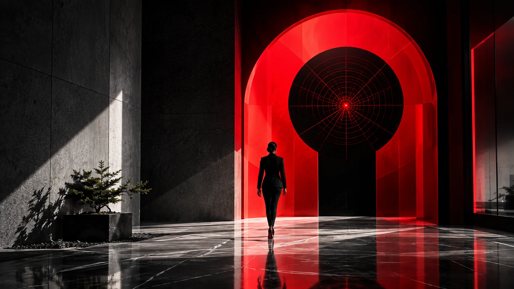 A dramatic modern interior with a red circular portal