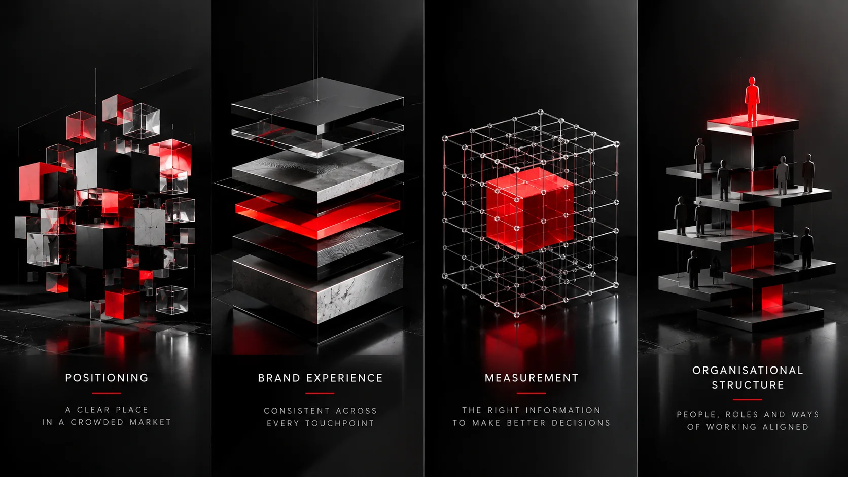 Four illuminated structural forms in an architectural space